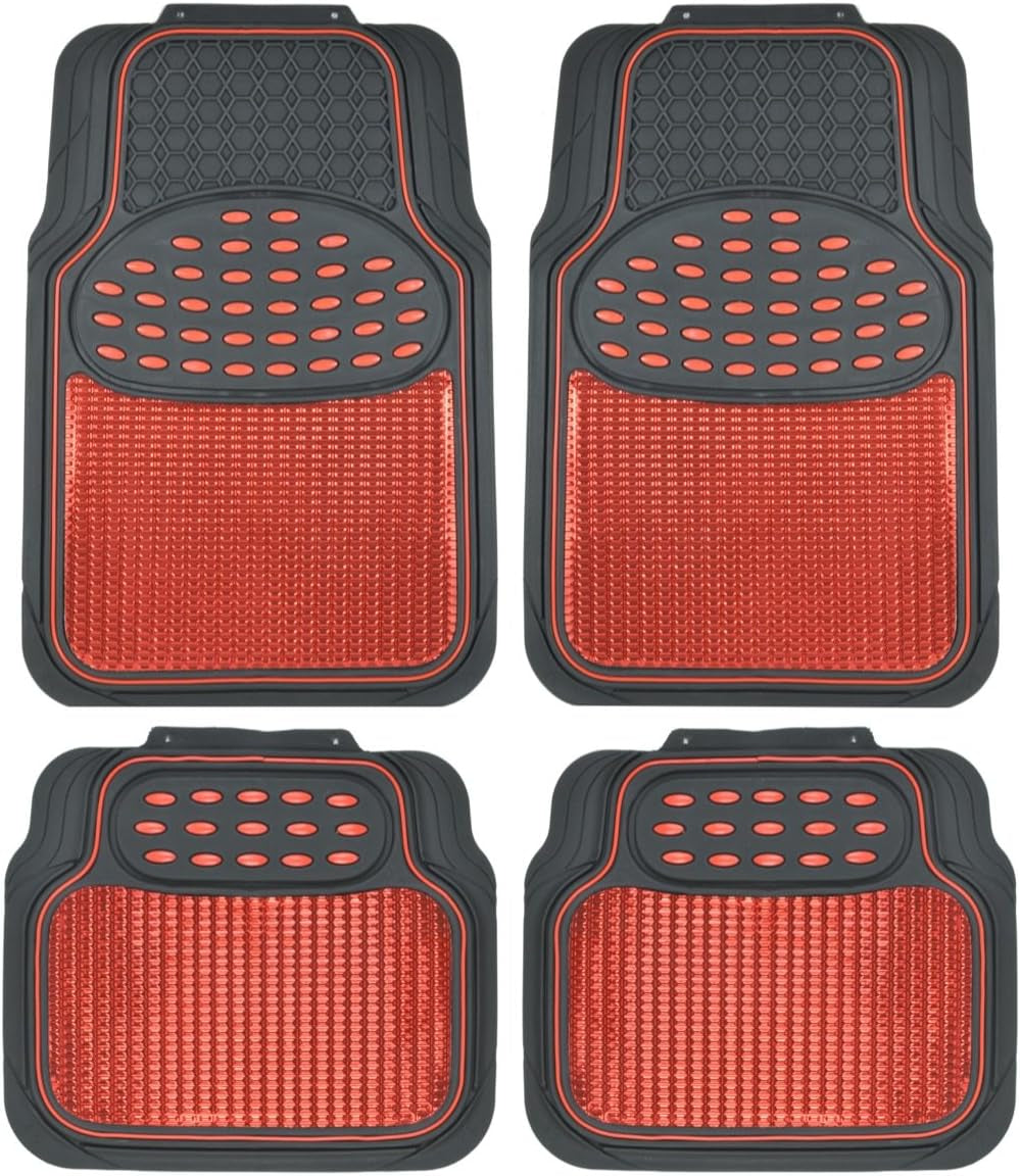 2 Tone Black & Red Floor Mats for Cars - Metallic Top Finish Car Mats for Women & Men - Heavy Duty Red Car Accessories for SUV - Anit Slip All Weather Cute Mats for Cars, SUV, & Van